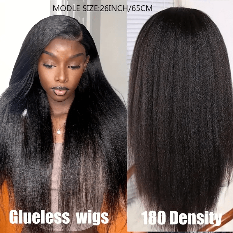 34" Kinky Straight Glueless Human Hair Wig with Pre-Plucked 4x4 HD Lace Closure, 180% Density, Natural Black - Long Yaki Texture for Women, Elegant Style, Perfect for Everyday or Special Occasions